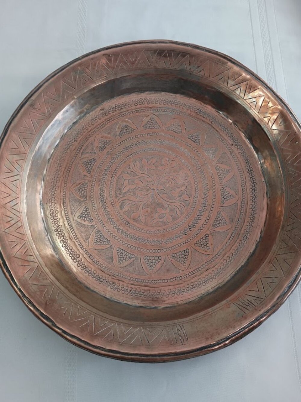 Vintage Handcrafted Copper Decorative Wall Plate or Tray, 15" across
